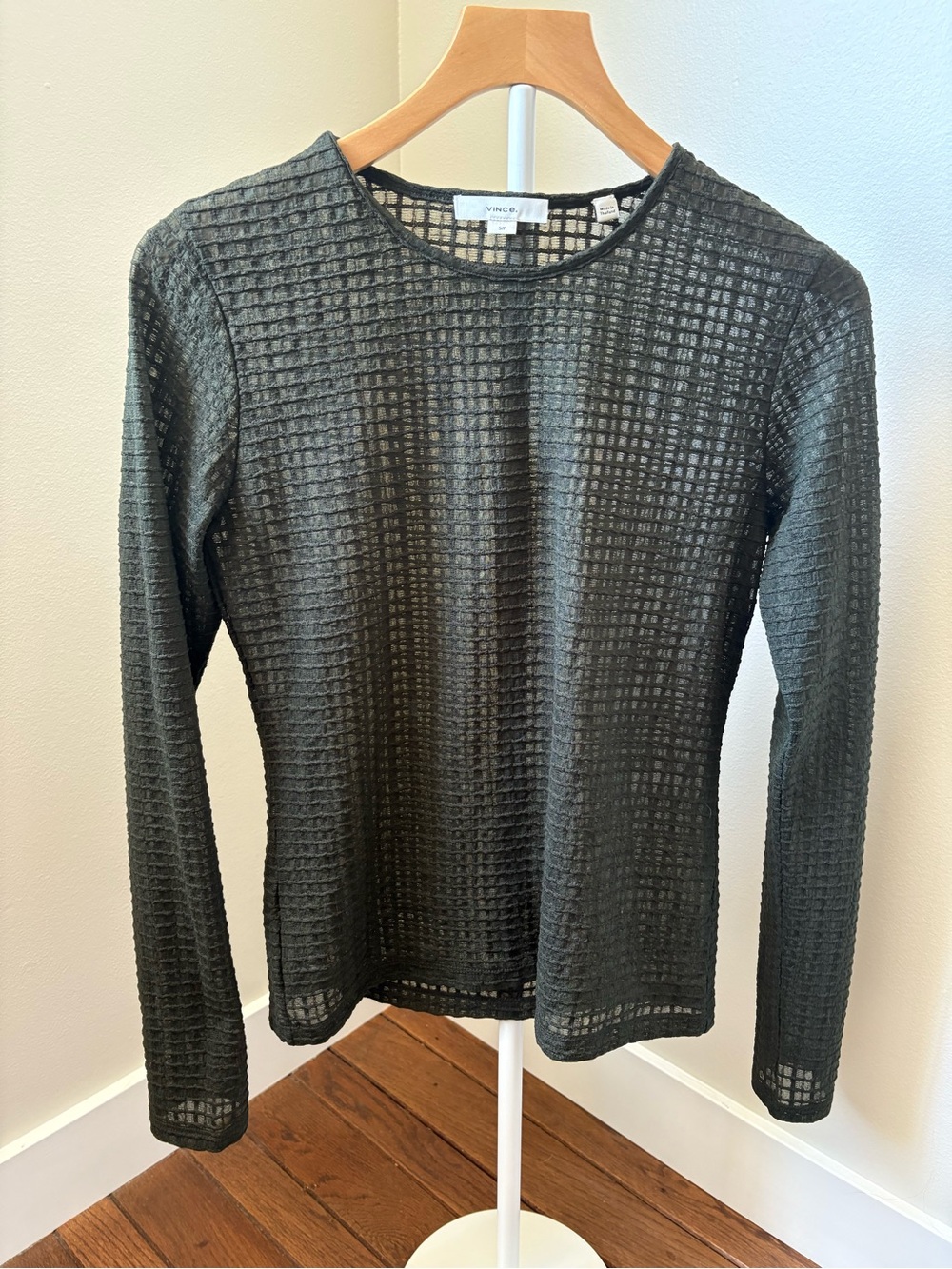Vince army green Sheer Grid-Texture Long Sleeve Top